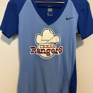 Nike Cooperstown Texas Rangers - Women’s M V-Neck T-shirt, blue with logo